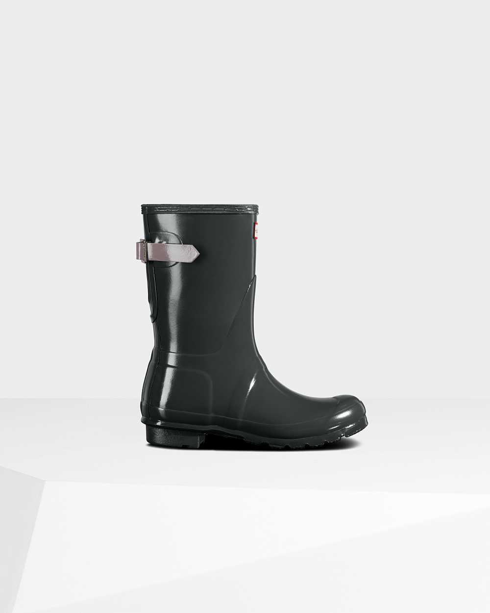 Womens Hunter Original Short Back Adjustable Gloss Rain Boots Black | CFUXZG-674